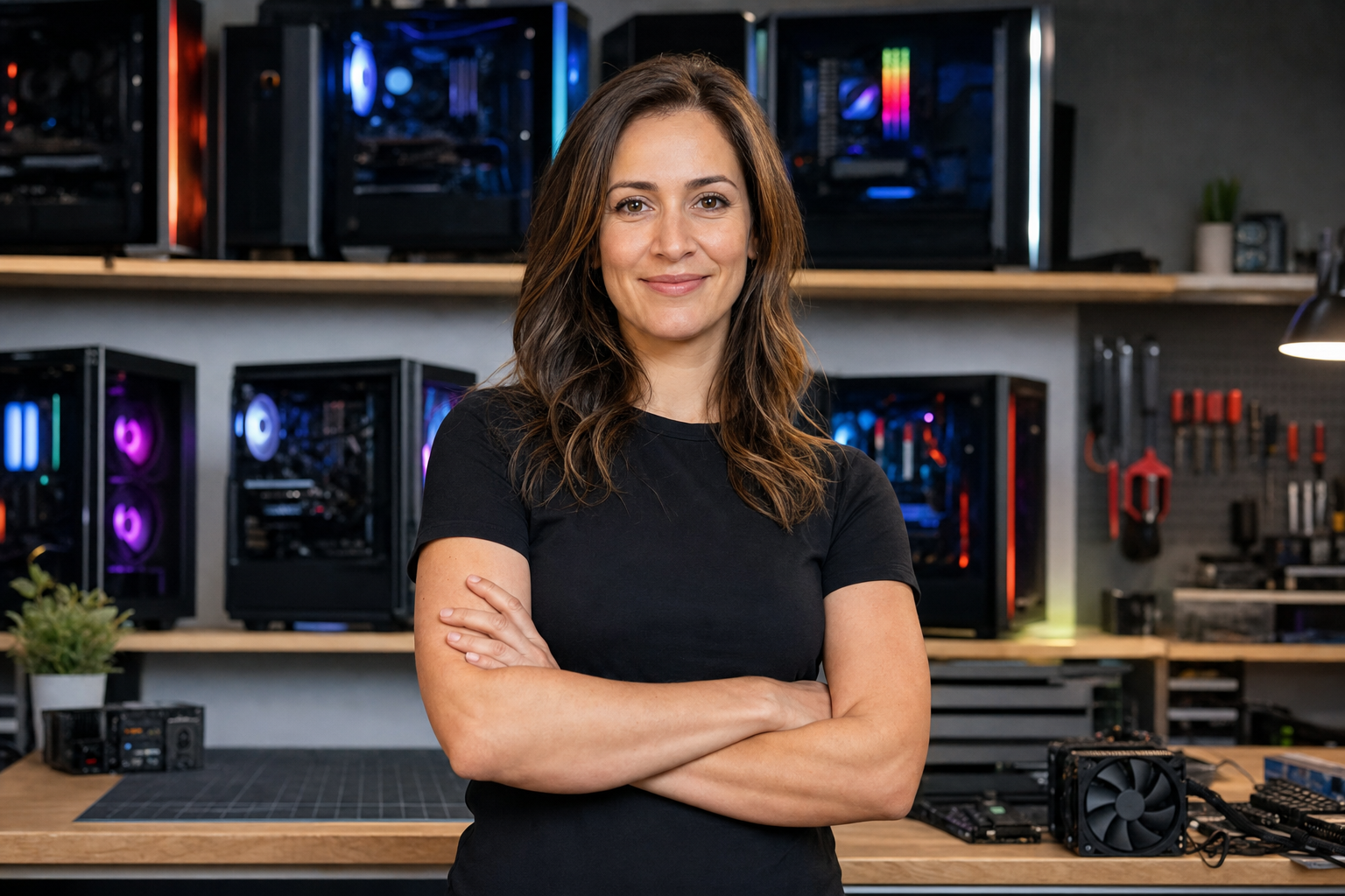 Zoé Marchand, fondatrice d'Assemblage, parmi des PC assemblés